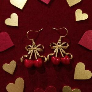 Charming Gold and Red Cherry Bow Dangly Earrings